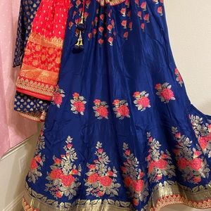 Blue silk lehenga with pink silk dupatta